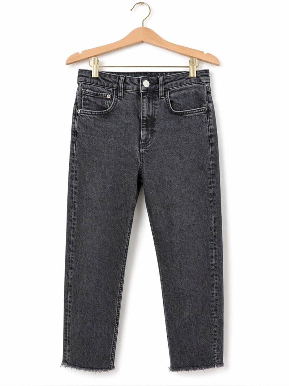 Zara Womens Black Denim Straight Leg Ankle Trousers Pants Size 6 Raw Freyed Hem